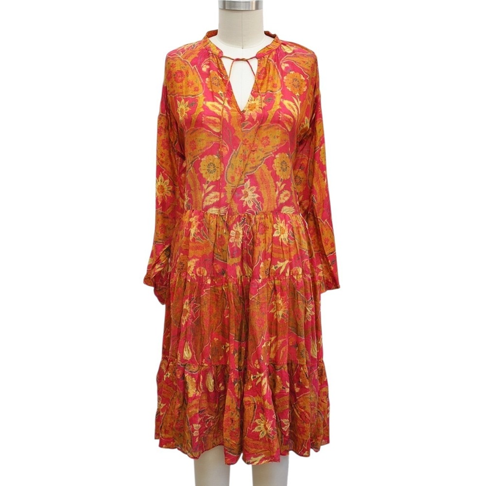 NWT Krista Larson Farm Dress OS Cotton/Silk Blend Sultan Long Sleeve Tiered Midi